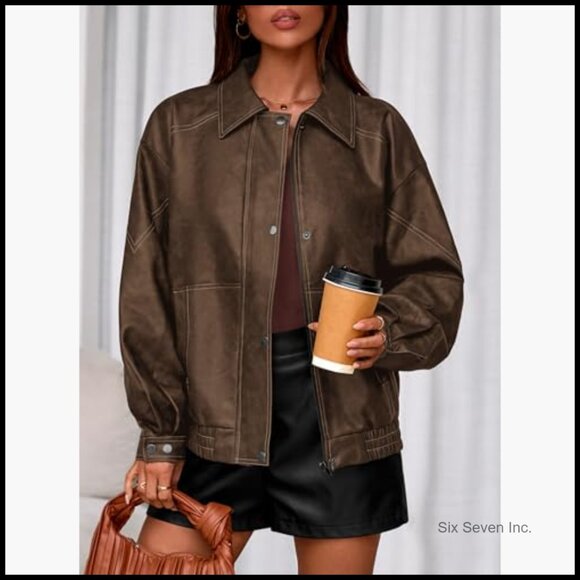 Faux Leather Bomber Jacket Women Oversized Moto Biker Zip Up - Picture 5 of 7